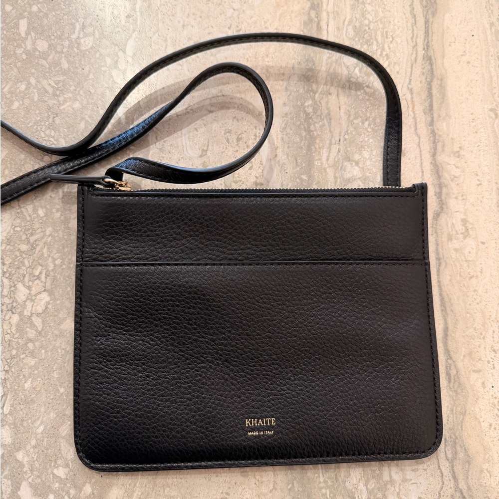 Khaite Crossbody Black Pebbled Leather Wallet Pouch Bag With Zipper Pocket